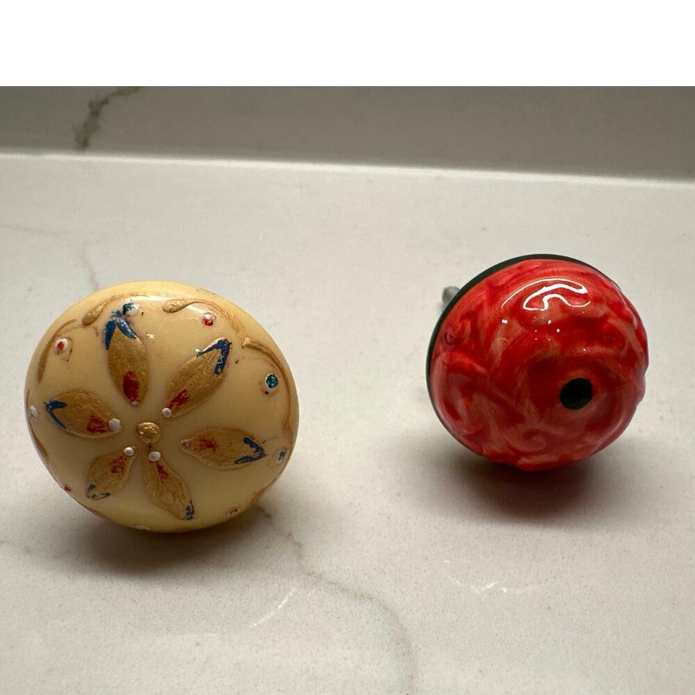 Set of 2 Drawer Pulls One Hand-Painted Vintage Drawer Pull & One Red Glass
